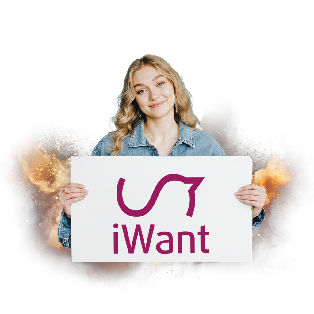 Žena drží ceduli s logem iWant na pozadí s ohnivými efekty.