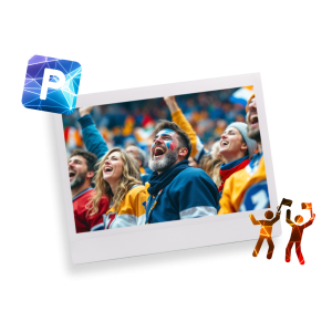 Sportovní fanoušci fandí na stadionu, obklopeni živou atmosférou, s ikonou parkování v rohu obrázku.
