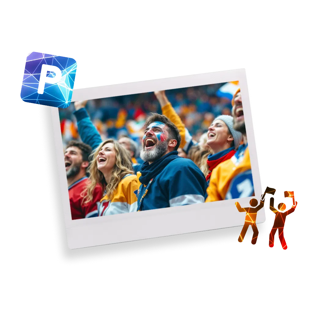 Sportovní fanoušci fandí na stadionu, obklopeni živou atmosférou, s ikonou parkování v rohu obrázku.