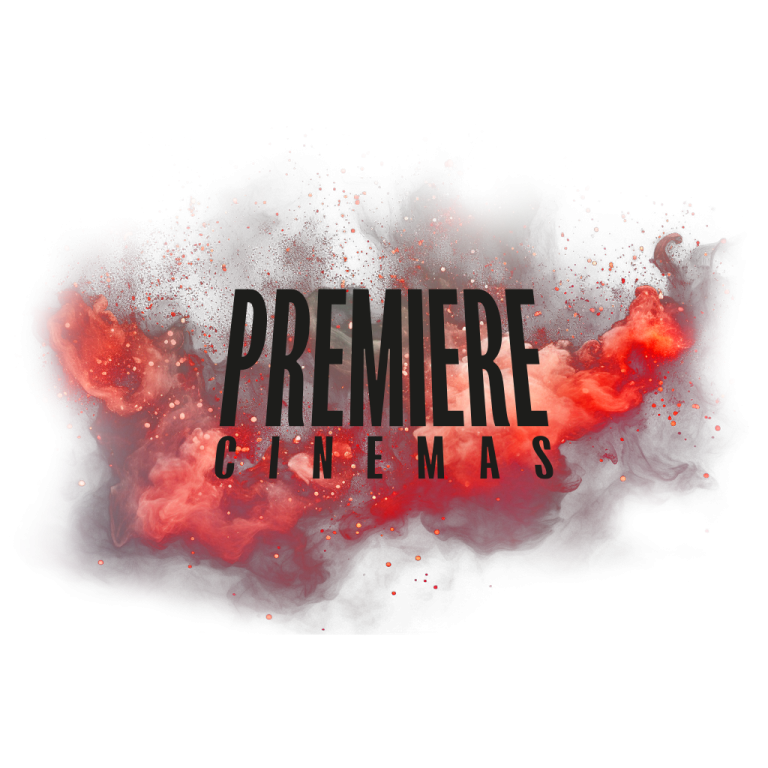 Logo Premiere Cinemas na pozadí červeného kouřového efektu.