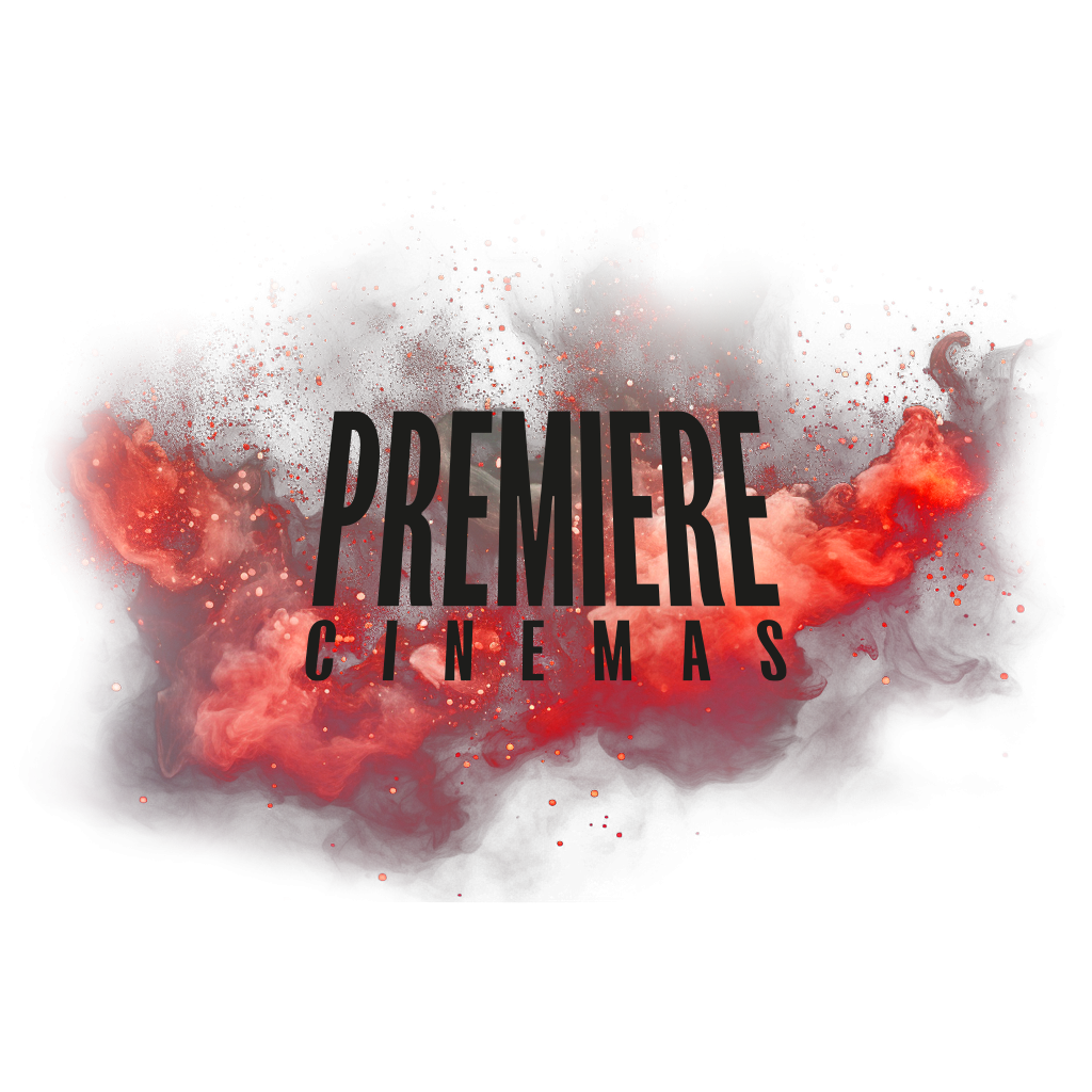 Logo Premiere Cinemas na pozadí červeného kouřového efektu.