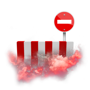 Červenobílá zátarasa a zákaz vjezdu obklopené červeným kouřem.