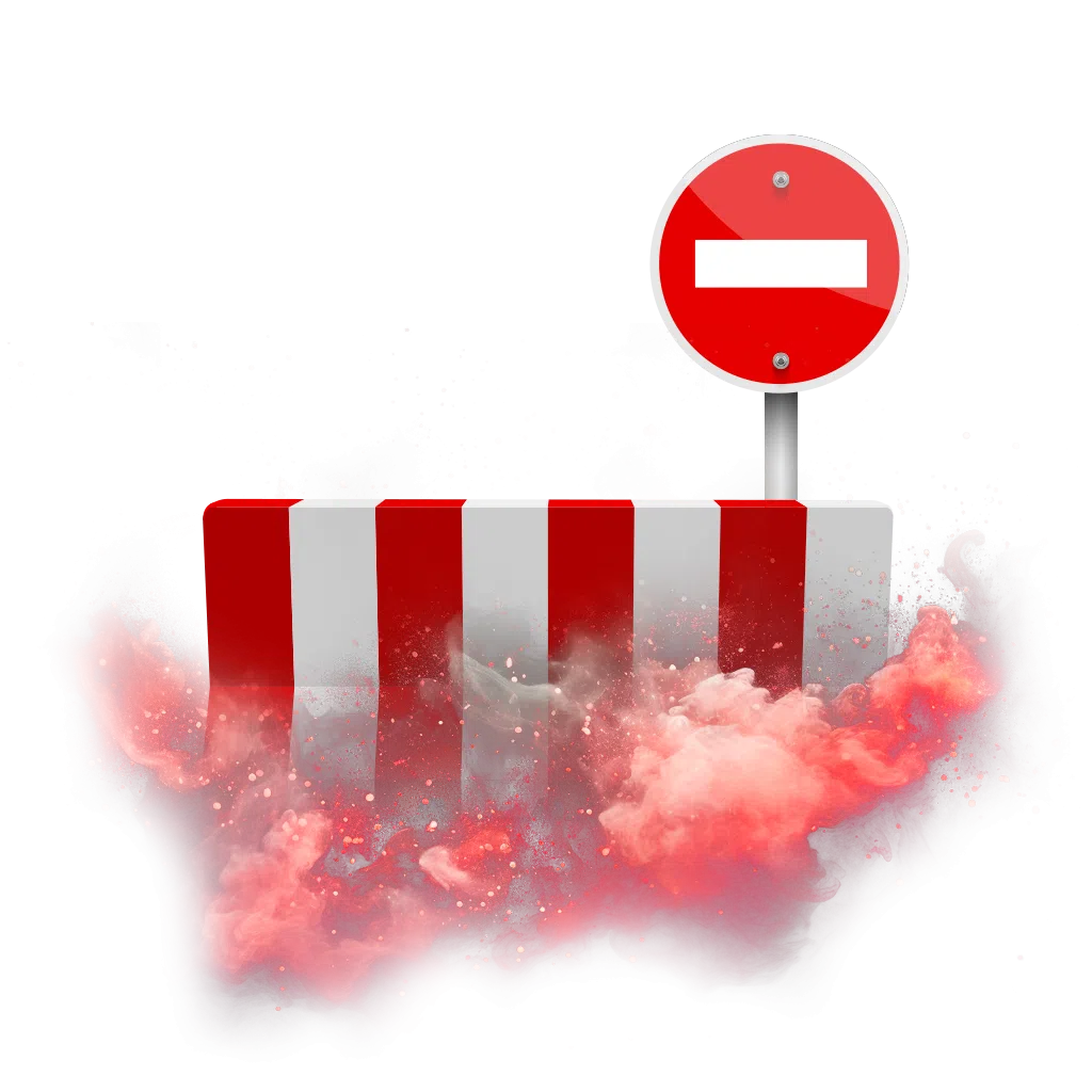 Červenobílá zátarasa a zákaz vjezdu obklopené červeným kouřem.