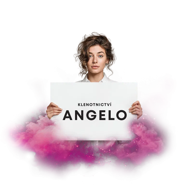 Žena drží tabuli s nápisem "KLENOTNICTVÍ ANGELO" obklopenou růžovým kouřem.