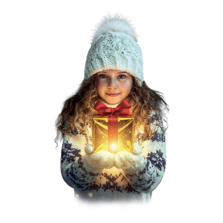 Dívka v zimním oblečení drží zlatý dárek s červenou mašlí, který září.