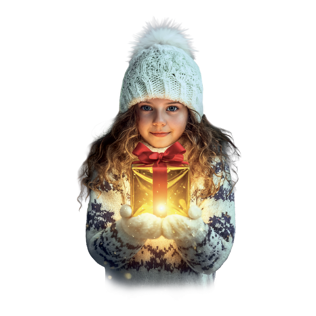 Dívka v zimním oblečení drží zlatý dárek s červenou mašlí, který září.