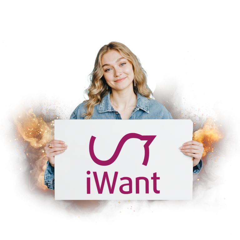 Žena drží ceduli s logem iWant na pozadí s ohnivými efekty.