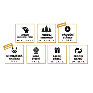 Tabulka s vánočním programem ve Varyádě, zahrnující akce jako Strom splněných přání, prodej stromků, vánoční stánky, Mikulášská nadílka, Kolo štěstí, balení dárků a prodej kaprů, s daty konání.