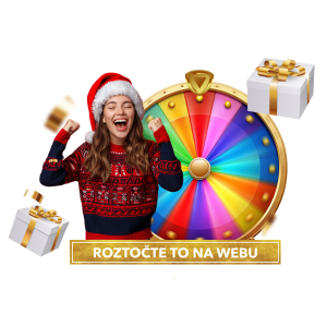 Žena v červeném vánočním svetru se santovskou čepicí nadšeně stojí vedle barevného kola štěstí, obklopená dárky s mašlí. Pod obrázkem je nápis "Roztočte to na webu".