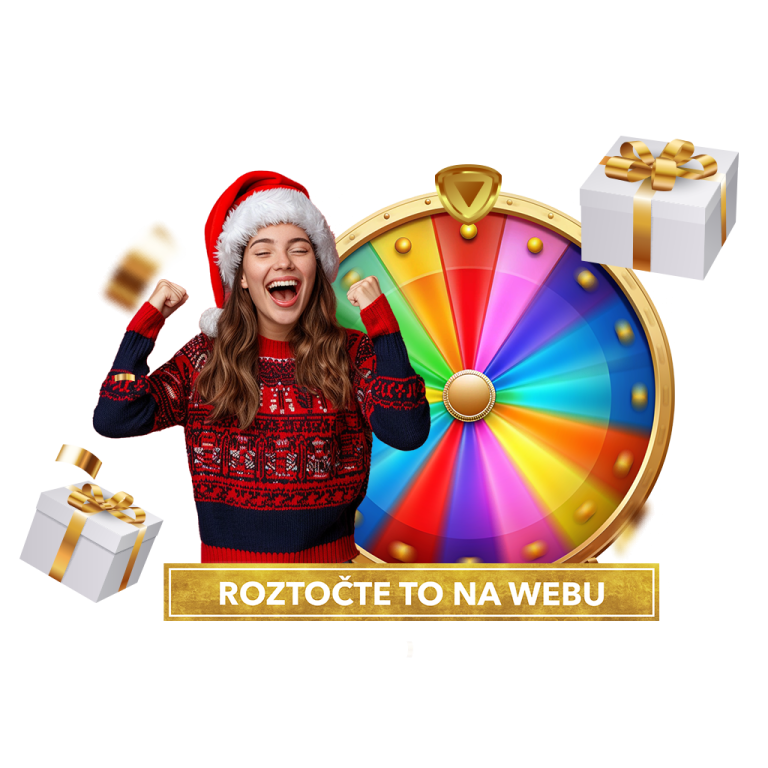 Žena v červeném vánočním svetru se santovskou čepicí nadšeně stojí vedle barevného kola štěstí, obklopená dárky s mašlí. Pod obrázkem je nápis "Roztočte to na webu".