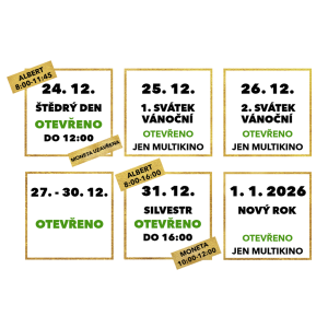 Otevírací doba OC Varyáda během vánočních svátků, zahrnující Štědrý den, svátky vánoční, Silvestr a Nový rok, s informacemi o omezeném provozu multikina a vybraných obchodů.