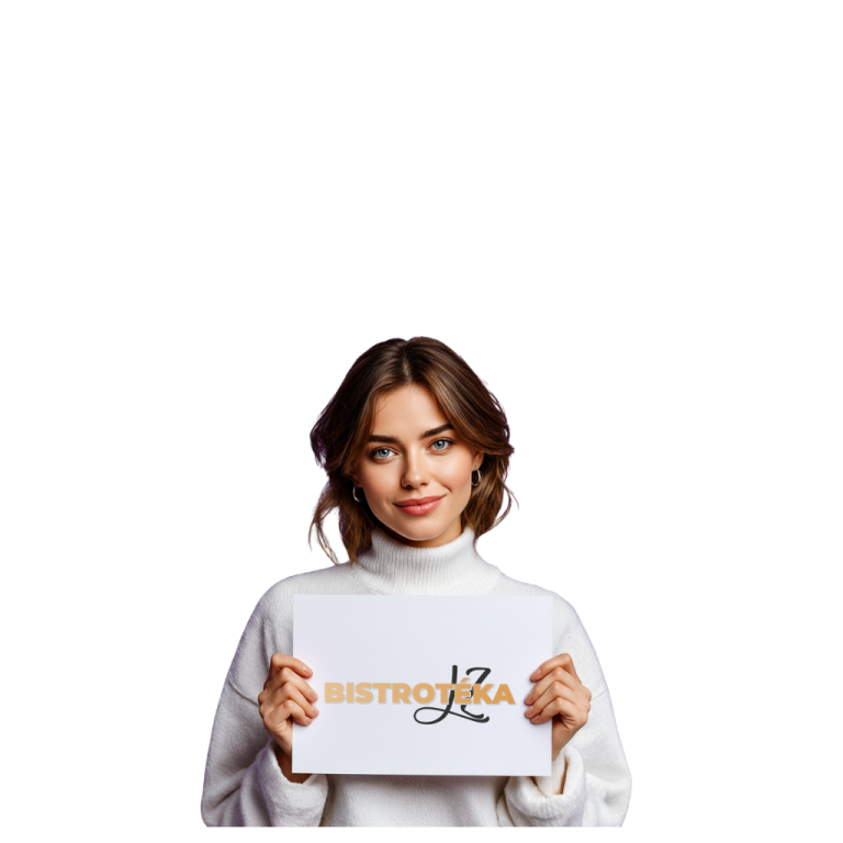 Žena držící ceduli s nápisem "Bistrotéka ZL".