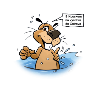 Ilustrace kresleného bobra Kouska, který se usmívá a plave ve vodě, s bublinou textu: "S Kouskem na výstavu do Ostrova".