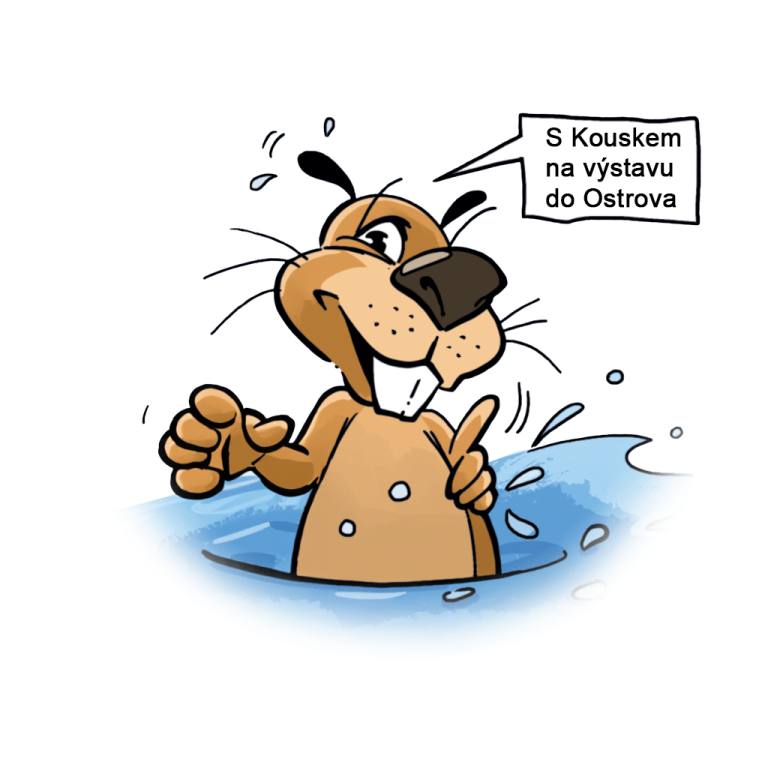 Ilustrace kresleného bobra Kouska, který se usmívá a plave ve vodě, s bublinou textu: "S Kouskem na výstavu do Ostrova".
