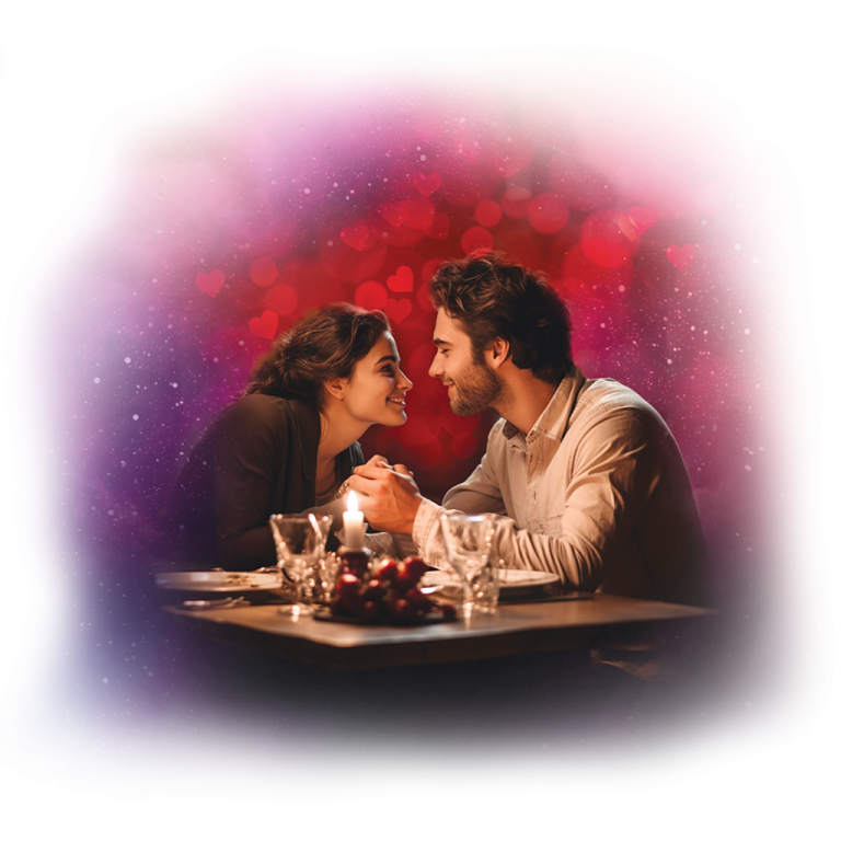 Pár sedící u stolu při romantické večeři se svíčkami, pozadí srdcí a růžových odstínů navozuje valentýnskou atmosféru.