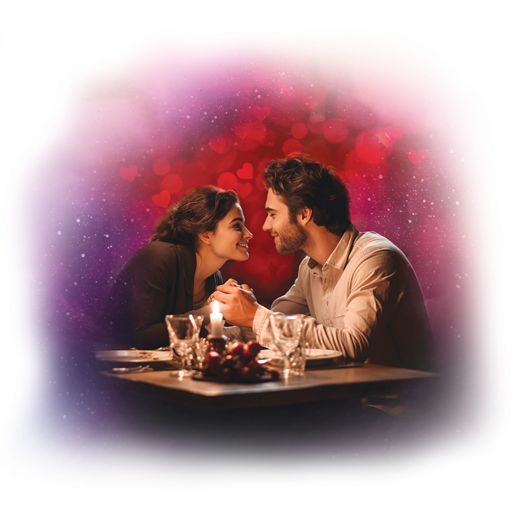 Pár sedící u stolu při romantické večeři se svíčkami, pozadí srdcí a růžových odstínů navozuje valentýnskou atmosféru.