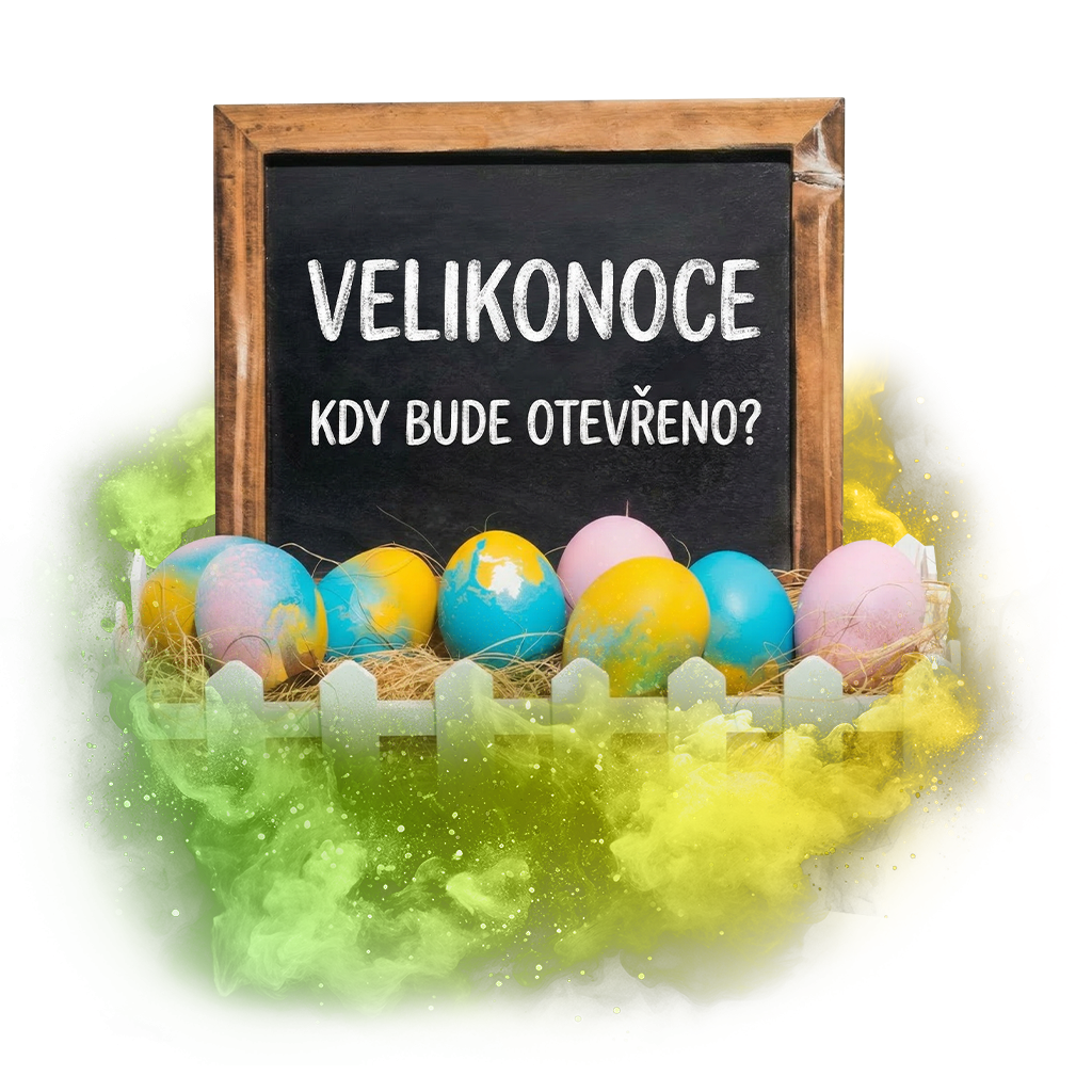 Tabule s nápisem "Velikonoce - kdy bude otevřeno?" obklopená barevnými velikonočními vajíčky v dekorativním košíku.