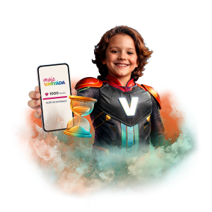 Chlapec v superhrdinském kostýmu drží mobilní telefon s aplikací Moje Varyáda ukazující 1000 bodů a text "Blíží se expirace", vedle něj je přesýpací hodiny.