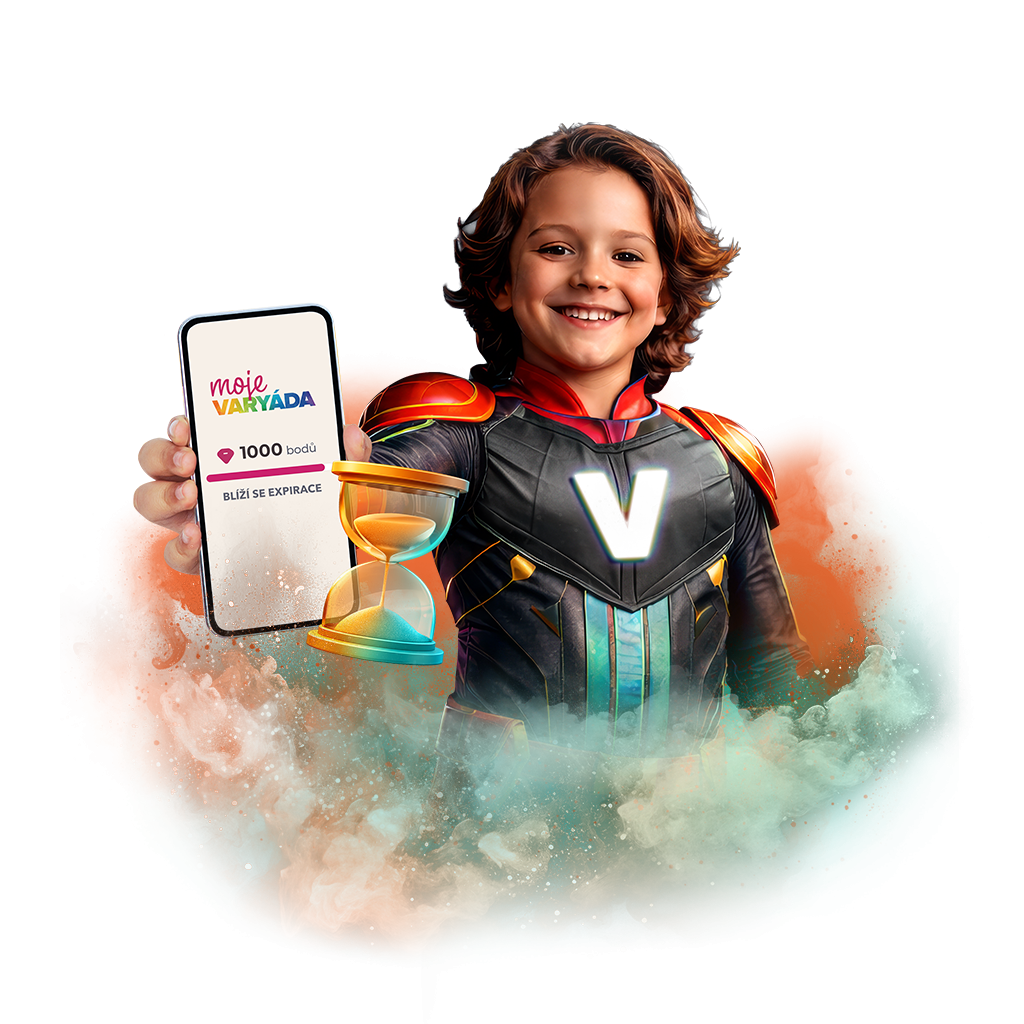 Chlapec v superhrdinském kostýmu drží mobilní telefon s aplikací Moje Varyáda ukazující 1000 bodů a text "Blíží se expirace", vedle něj je přesýpací hodiny.