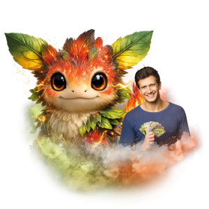 Obrázek zobrazuje usmívajícího se muže držícího Pokémon karty vedle fantastického tvora s listy a ohnivými prvky.