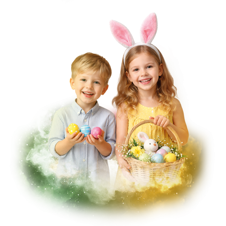 Dvě děti drží velikonoční vejce a proutěný košík