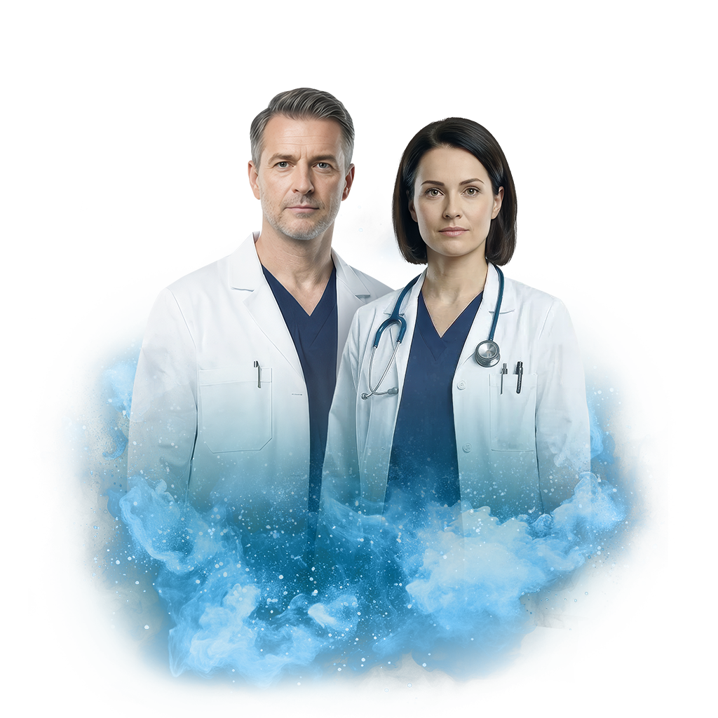 Dva lékaři v bílých pláštích na kouřovém pozadí