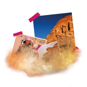 Fotografie skalních útvarů a lidí v pouštním prostředí