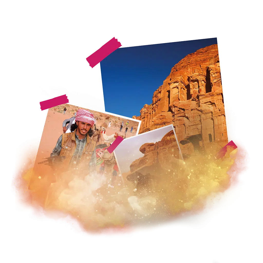 Fotografie skalních útvarů a lidí v pouštním prostředí