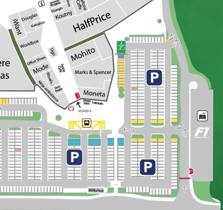 Plánek parkoviště před obchodním centrem s vyznačením nabíjecí stanice