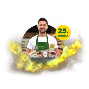 Muž v zelené zástěře s nápisem "Sbírka potravin" drží koš plný potravin, v pozadí datum "25. dubna".