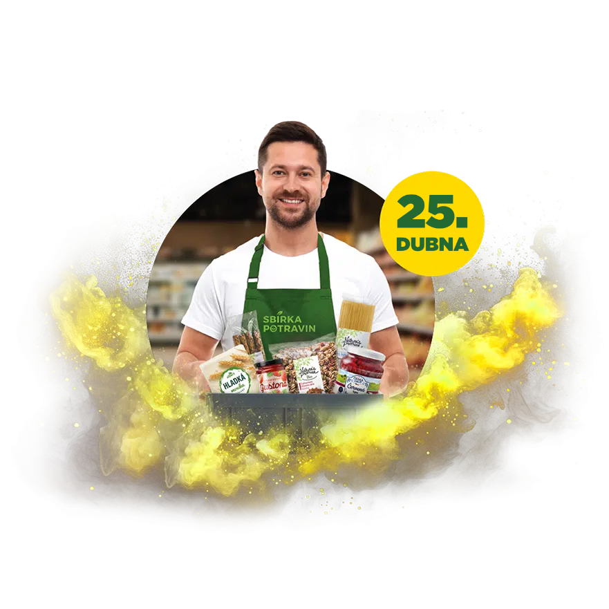 Muž v zelené zástěře s nápisem "Sbírka potravin" drží koš plný potravin, v pozadí datum "25. dubna".