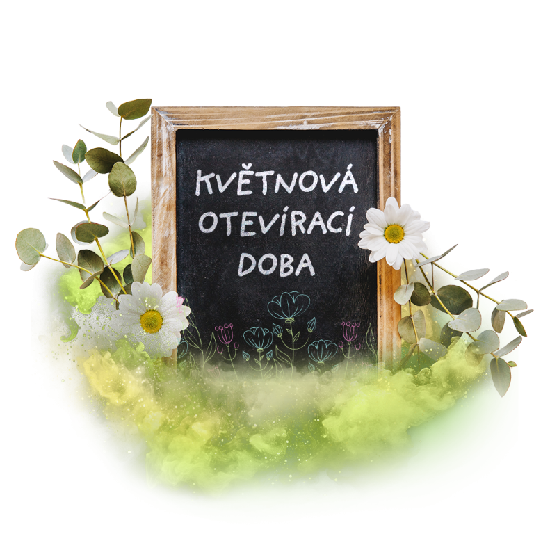 Tabule s nápisem "Květnová otevírací doba" obklopená květinami a zelenými listy.