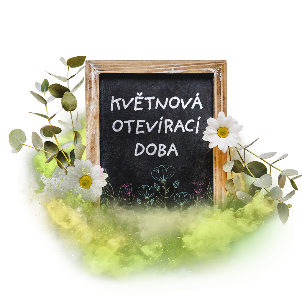 Tabule s nápisem "Květnová otevírací doba" obklopená květinami a zelenými listy.