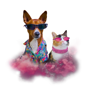 Pes a kočka v barevných brýlích a oblečení obklopeni růžovým kouřem.