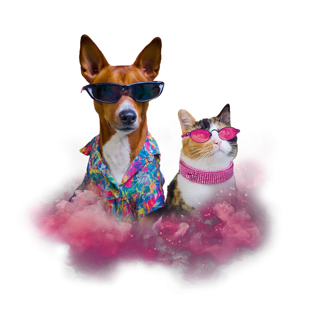 Pes a kočka v barevných brýlích a oblečení obklopeni růžovým kouřem.