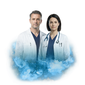 Dva lékaři v bílých pláštích na abstraktním modrém pozadí.