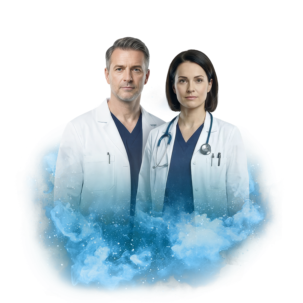 Dva lékaři v bílých pláštích stojí před modrým kouřovým pozadím.