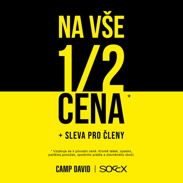 Žlutý nápis na černém pozadí: Na vše půl ceny