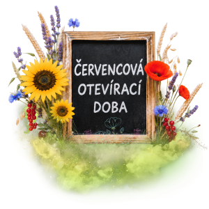Tabule s nápisem "Červencová otevírací doba" obklopená slunečnicemi, vlčími máky a dalšími květinami.