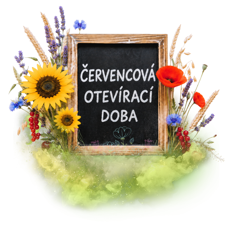 Tabule s nápisem "Červencová otevírací doba" obklopená slunečnicemi, vlčími máky a dalšími květinami.