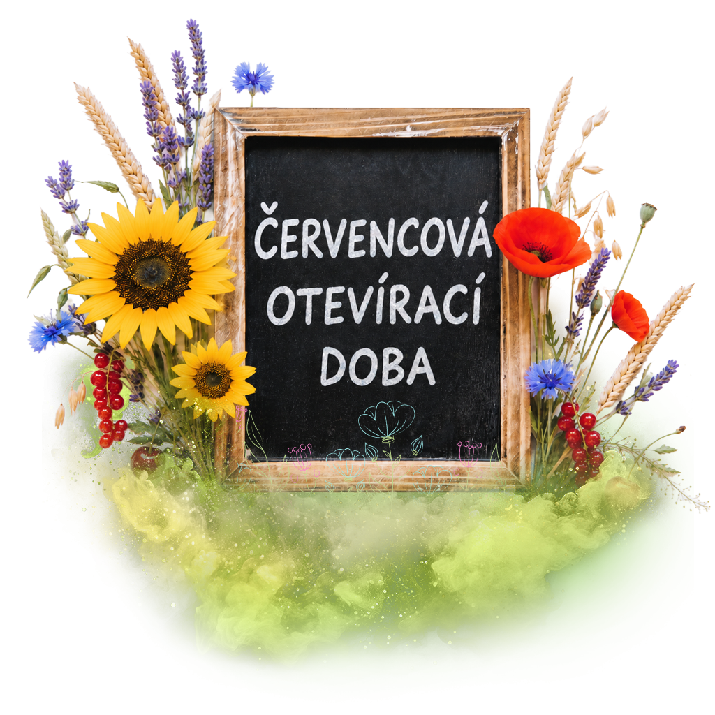 Tabule s nápisem "Červencová otevírací doba" obklopená slunečnicemi, vlčími máky a dalšími květinami.