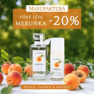 Láhve kosmetiky s meruňkovým motivem mezi čerstvými meruňkami