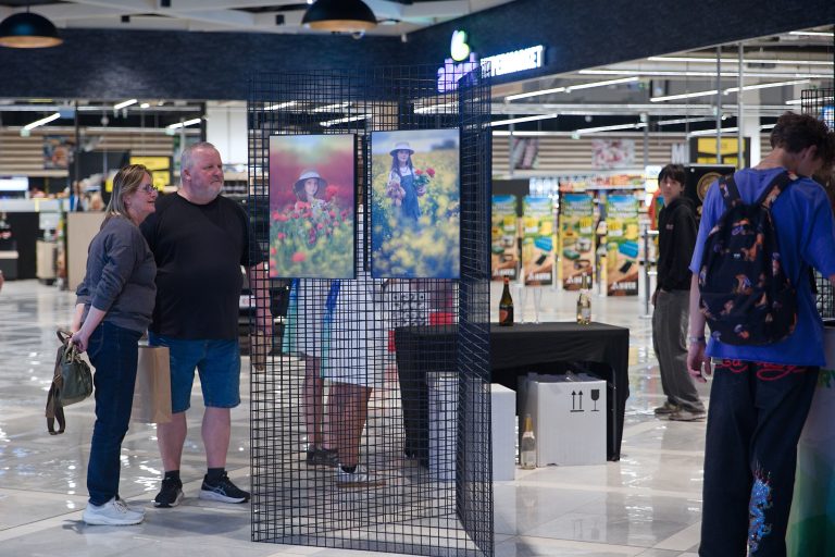 Návštěvníci si prohlížejí umělecká díla na výstavě