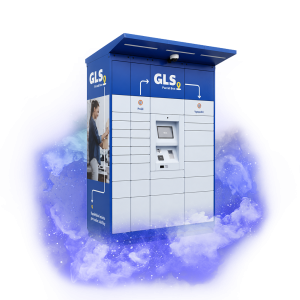 ALT text: Samoobslužný GLS Parcel Box s modrobílým designem