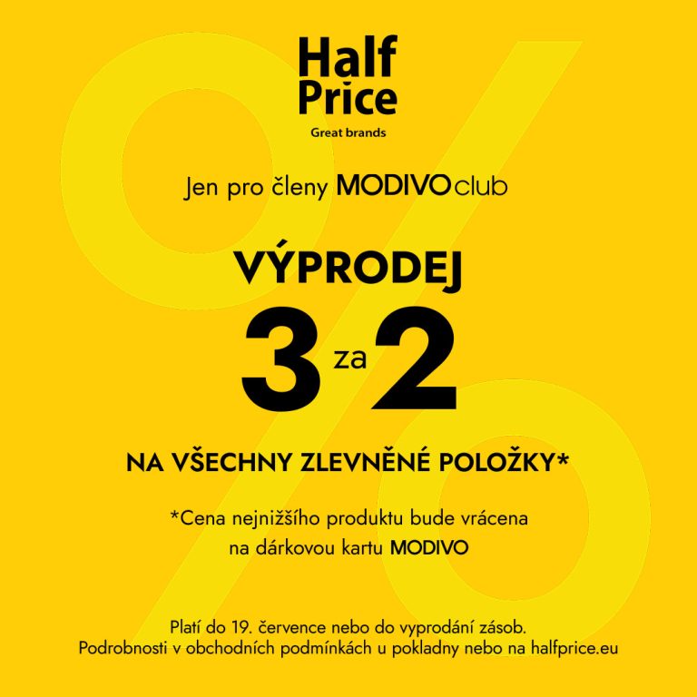 Žlutý banner s informacemi o výprodeji pro členy klubu MODIVO