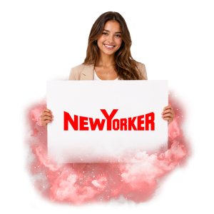 Žena držící tabuli s logem značky New Yorker, v pozadí červený kouřový efekt.