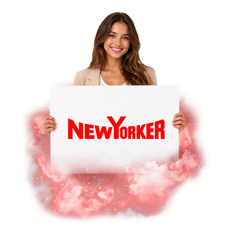 Žena držící tabuli s logem značky New Yorker, v pozadí červený kouřový efekt.