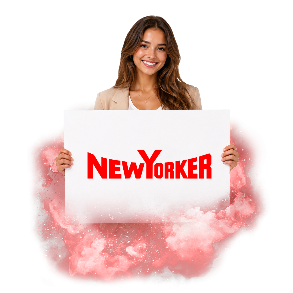 Žena držící tabuli s logem značky New Yorker, v pozadí červený kouřový efekt.