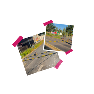 Dvě fotografie nových retardérů u vjezdu a výjezdu z parkoviště u Varyády.