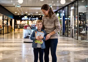 Matka s dítětem drží školní potřeby v obchodním centru